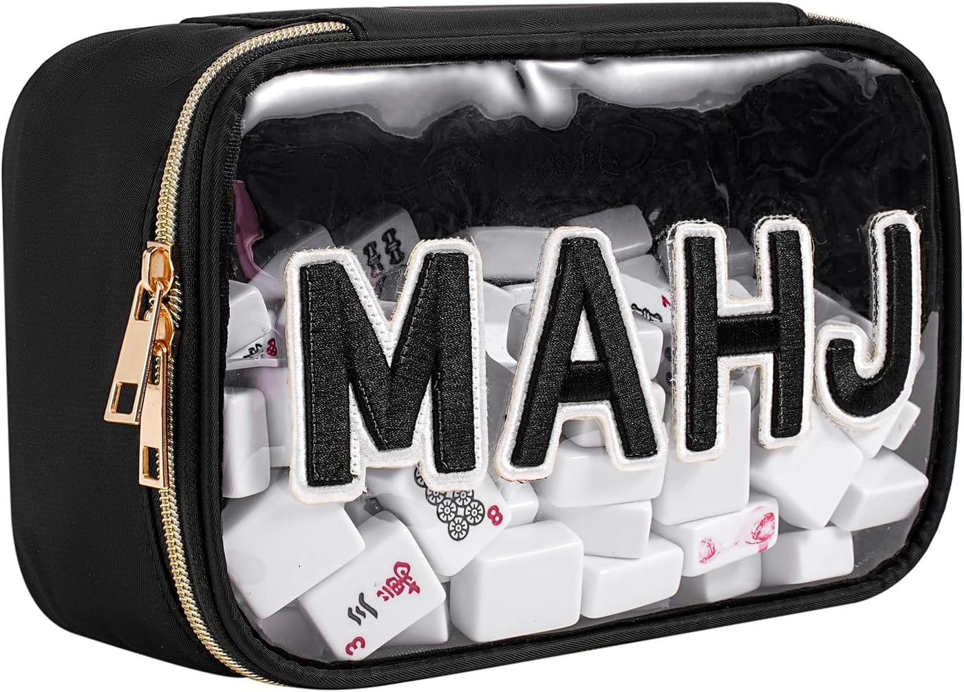 RSRSLEII Waterproof Empty Mahjong Tiles Bag,Suitable for 1.2 "(30mm) Standard Size American Mahjong Tiles,Clear Embroidery Letters Mahjong Tile Bag with Zipper,PVC Mahjong Case,Case Only (05Black)