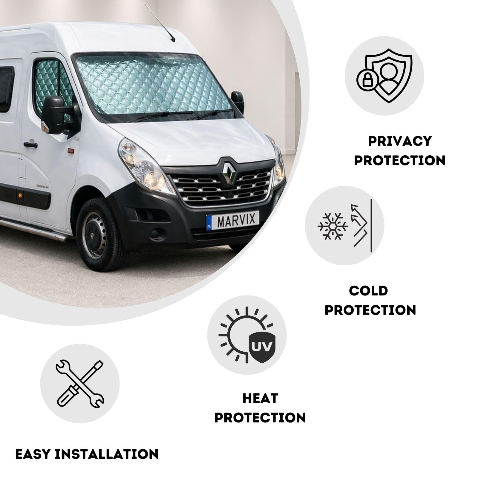 Marvix Interner Kabinen-Bildschirm Thermo-Rollos Premium 9-lagige Fensterabdeckung für Renault Master ab 2010 & Movano 2010-2020 Wohnmobil-Campervan-Isolierung-Sonnenschutz