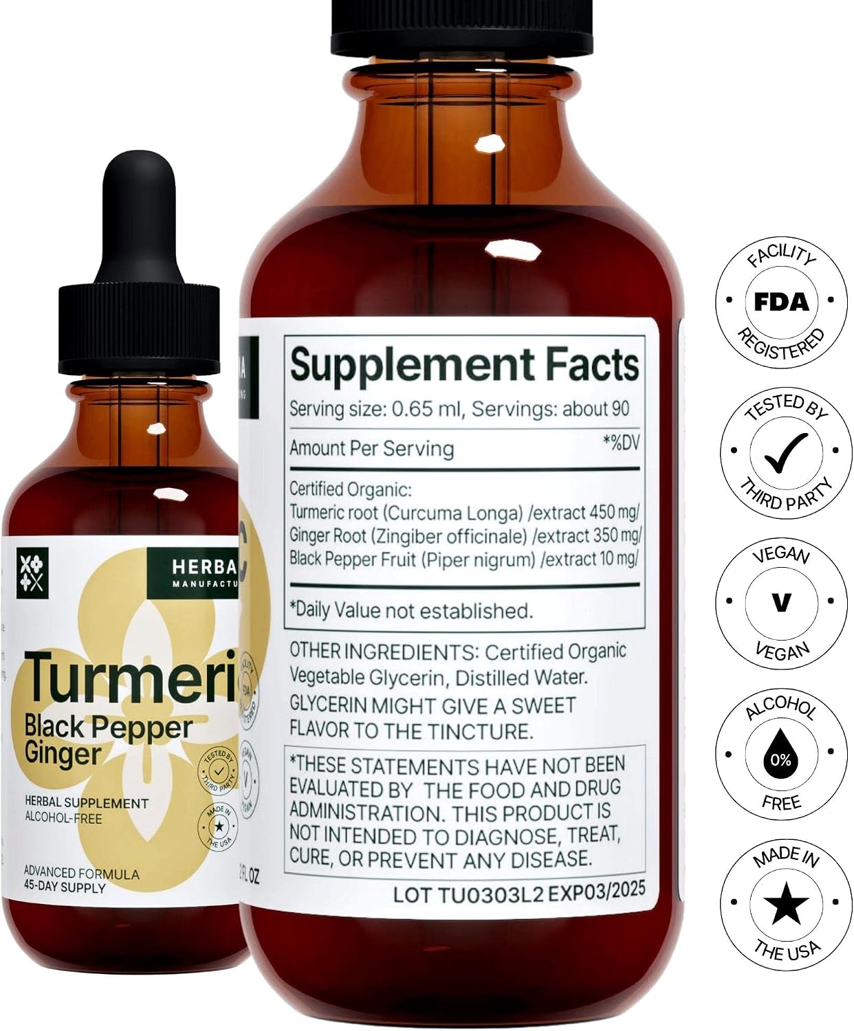 Turmeric Root 2 fl oz Liquid Extract - Ginger Root, Black Pepper - Natural Herbal Supplemen