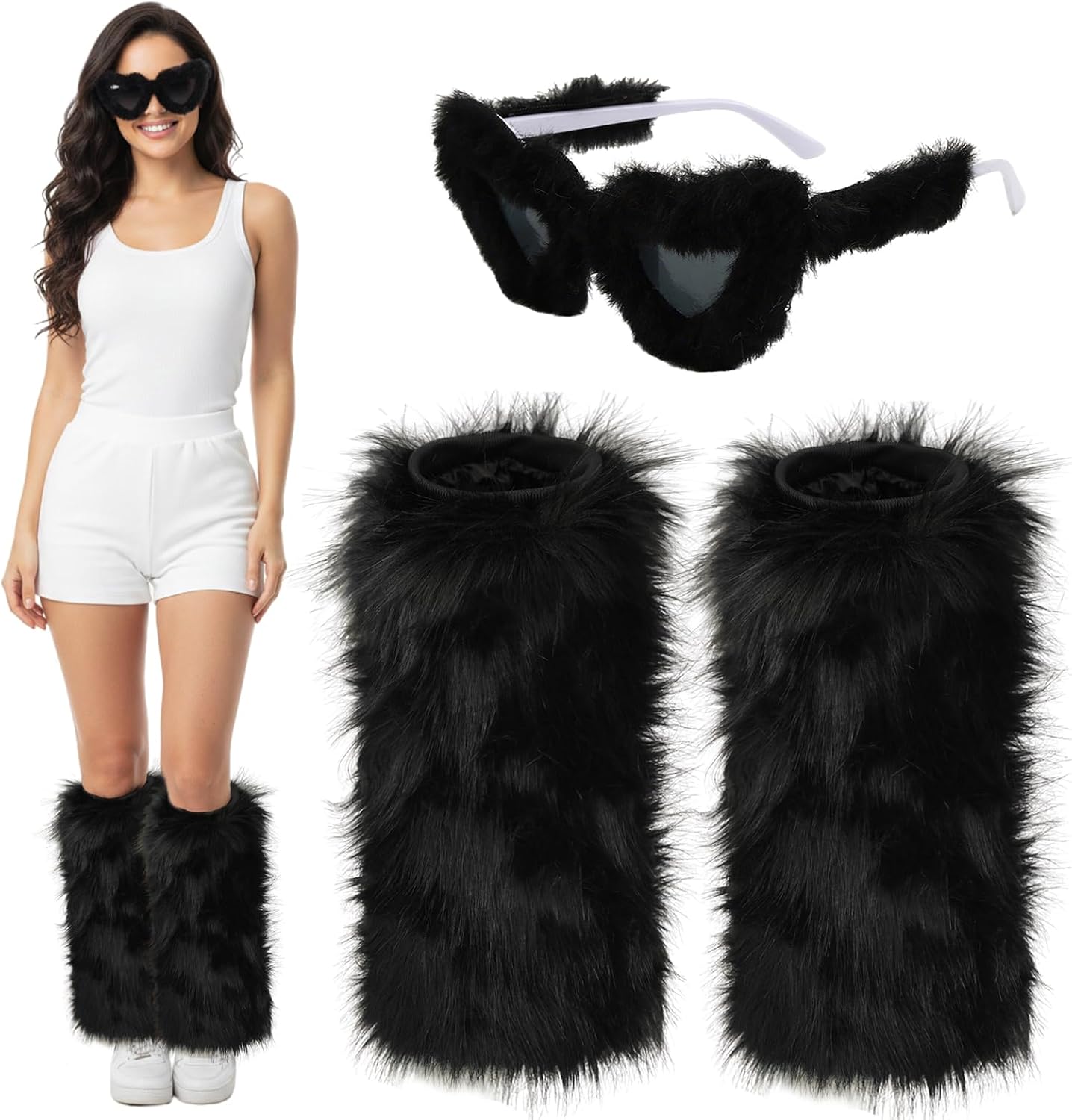 Women Fur Leg Warmers with Fuzzy Sunglasses Set, Stylish Fluffy Boot Cover Cuffs for Halloween Santa Party Costume