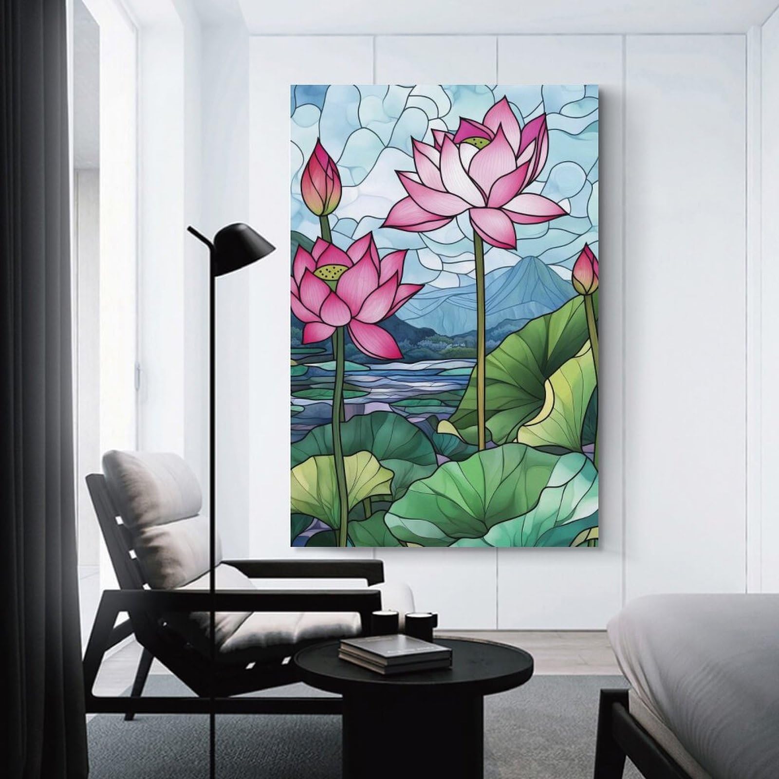 Junmoney Lotus Flowers in Stained Glass Canvas Art Print 24x36inch(60x90cm), for Bedroom Decor, Cosy Corners Or Studios, An Easy Wall Refresh for Bedrooms