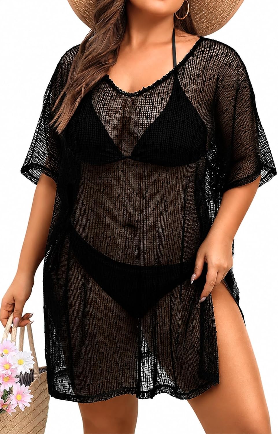 Pinup Fashion Swimuit Cover Up Women - Crochet Hollow Out Slit Beach Dress V-Neck Bathing Suit Summer Bikini Coverups