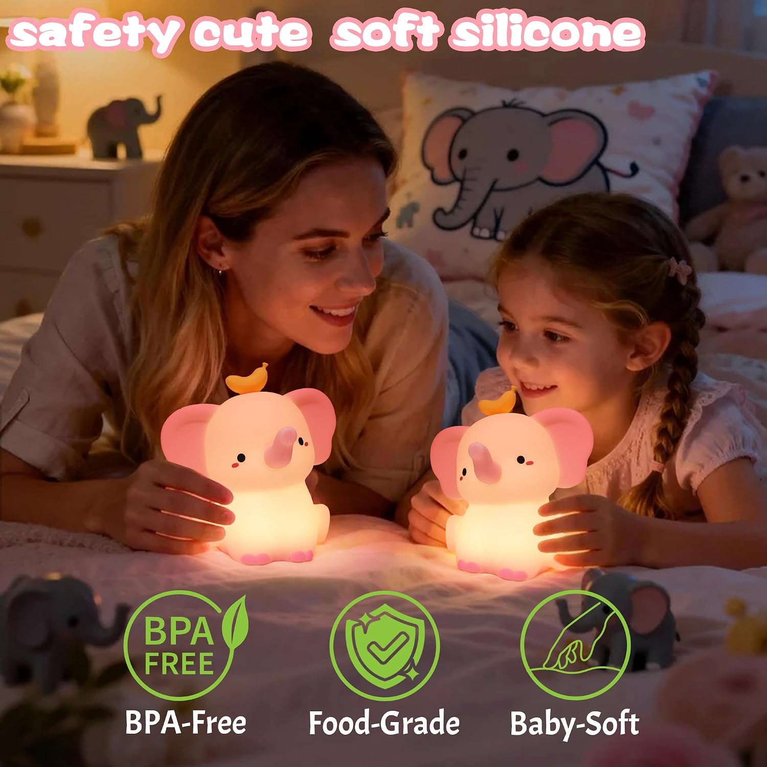 OkiyiD Pink Elephant Lamp, Cute Silicone Night Light, Dimmable Animal Nursery Night Lights Bedside Touch Lamp, Elephant Gifts for Bedroom Decor