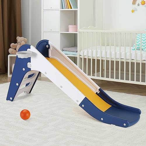 Miniatura 9 de Arlopu Tobogán independiente para niños, escalador de tobogán para niños pequeños con aro de baloncesto y pelota, juego de bebé con pendiente larga,