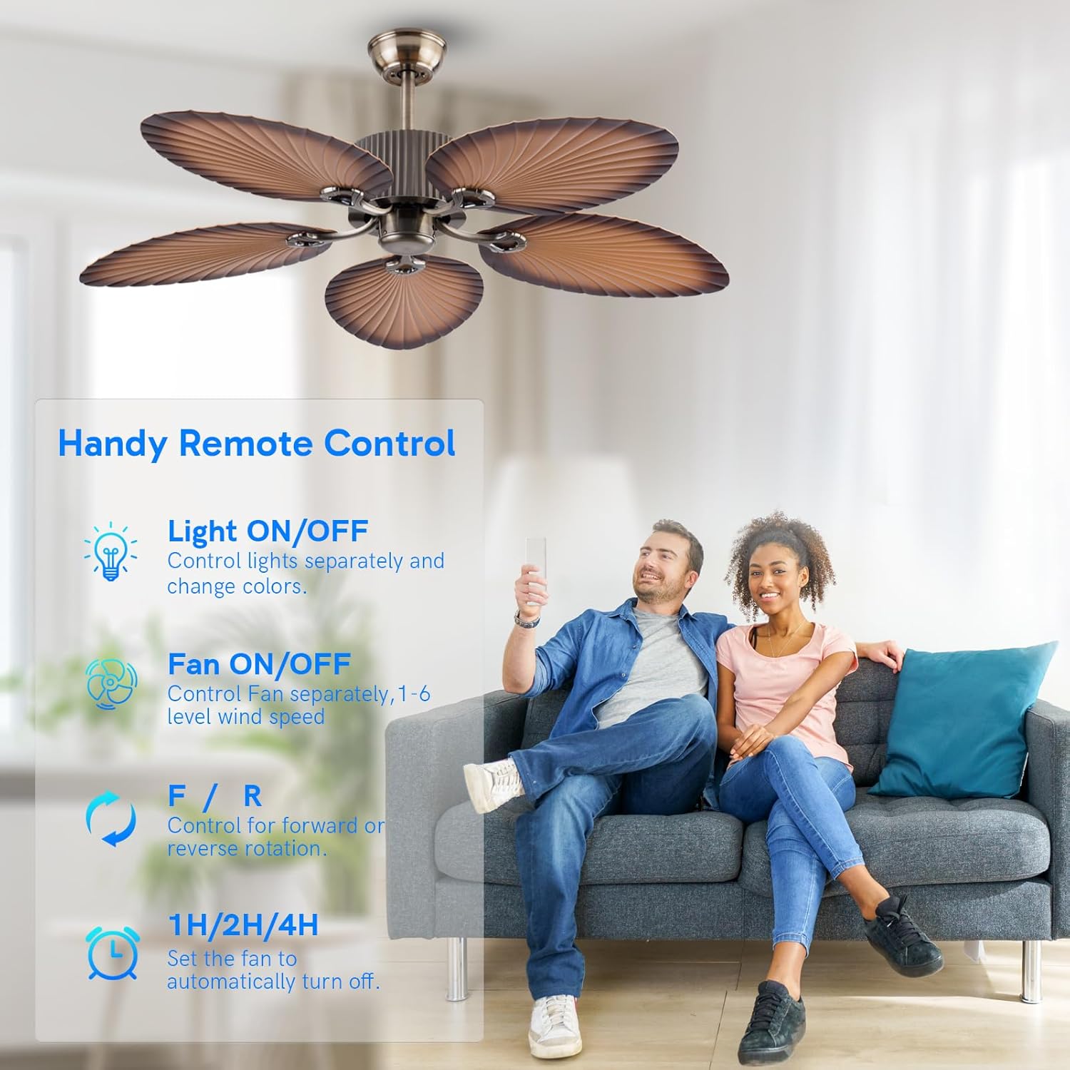 52" Tropical Ceiling Fan with Remote Palm Leaf Blades 6 Speed Quiet DC Motor Indoor/Outdoor for Patio, Living Room & Dining Room Reversible Ceiling Fan without Lights (coffee)