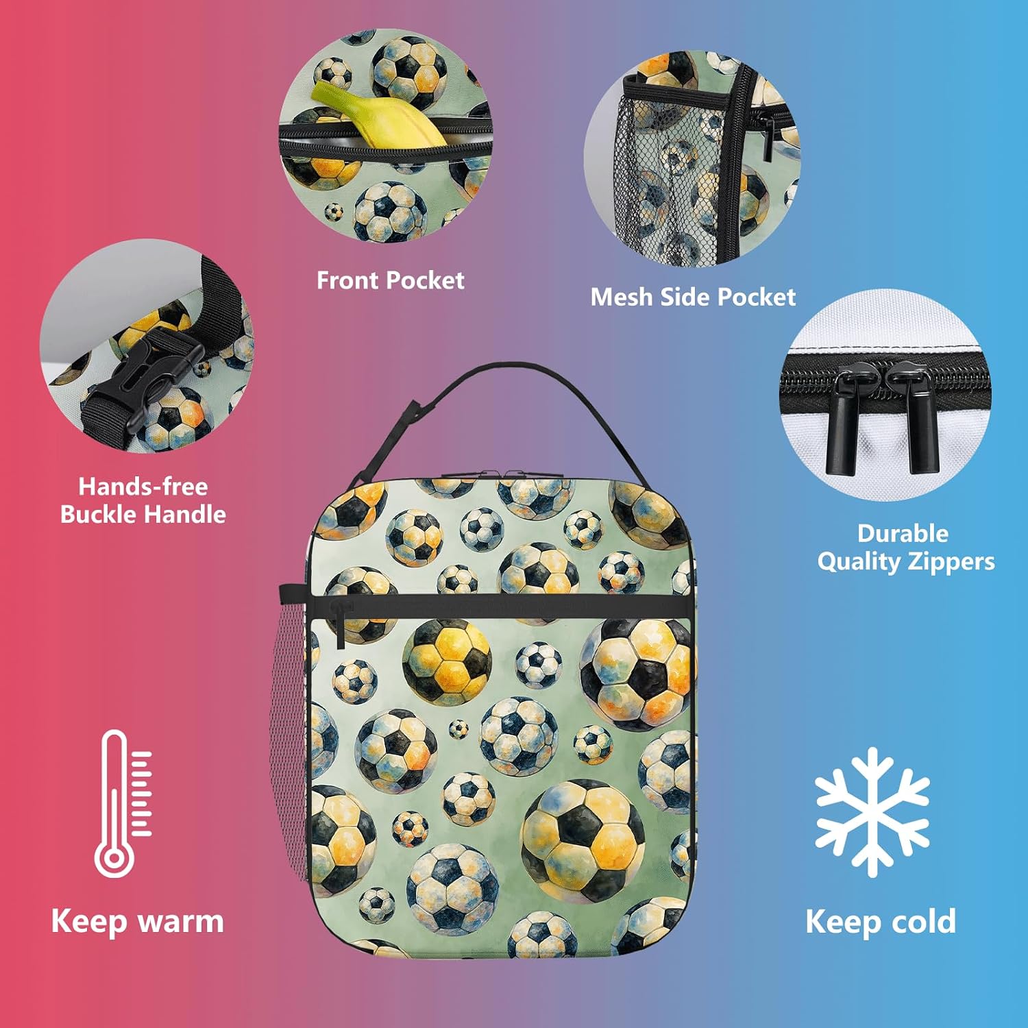 Soccer Lunch Bag for Kids & Boys, Insulated Reusable Lunch Box with PEVA Liner, Front Zip Pocket, Mesh Bottle Pocket, Buckle Handle Clips to Backpack, Easy-Clean Polyester, 11.02×8.03×1.46 in