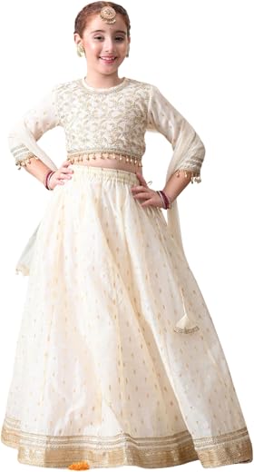 JAI CLOTHING Premium Kids Girls Off White Embroidered Lehenga Choli with Net Dupatta