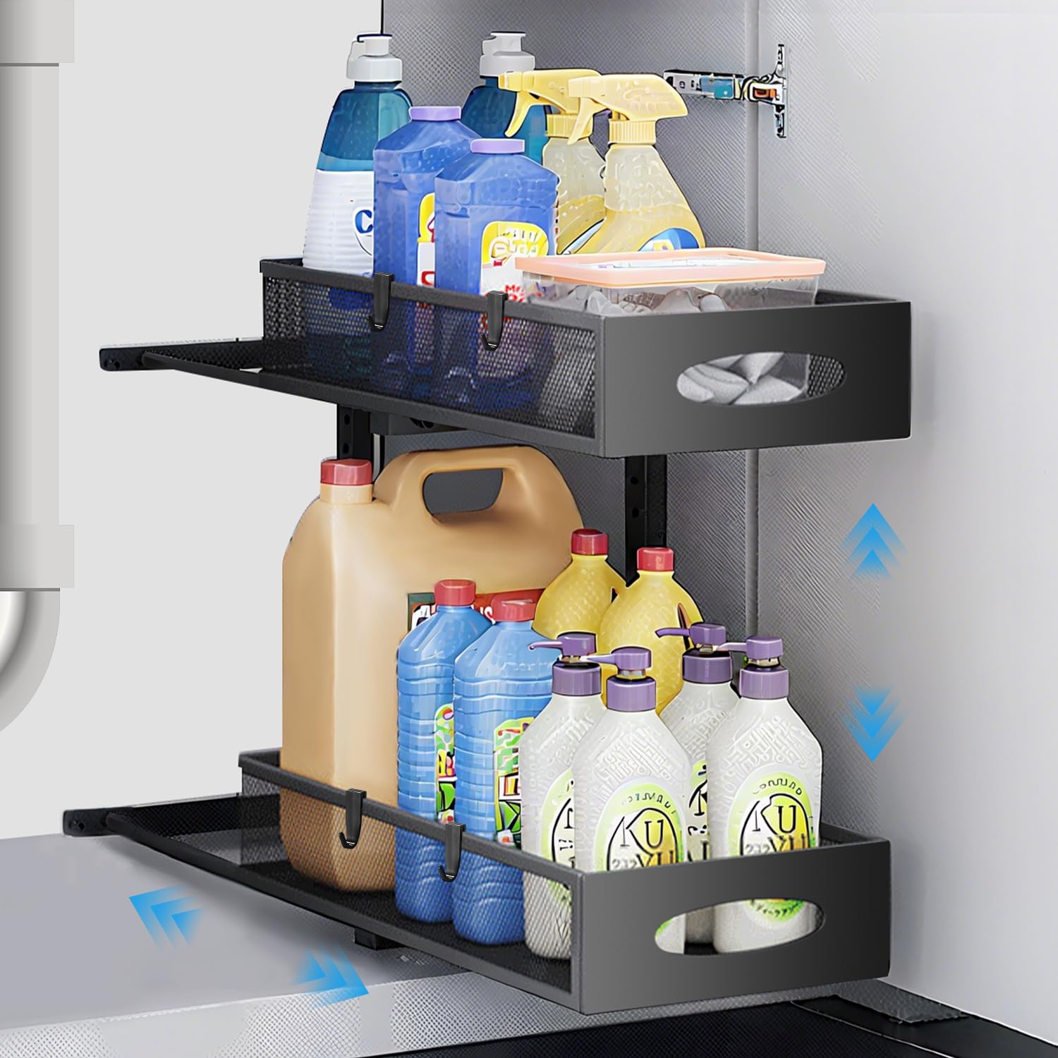 Metall Spülschrank Organizer, 2 Etagen Ausziehbares Unter Waschbecken Regal Spülenunterschrank Organizer, Höhenverstellbarer Unterschrank Organizer für Küche, Bad, Schrank, 1 Stück, Schwarz