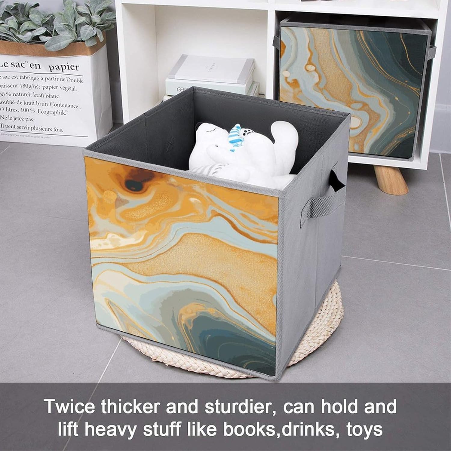 Marble Modern Art Storage Cubes Set of 6 Storage Bins with Handles Collapsible Storage Basket Fabric Storage Box for Shelves Large Closet Shelf Organizer for Organization 11 Inch