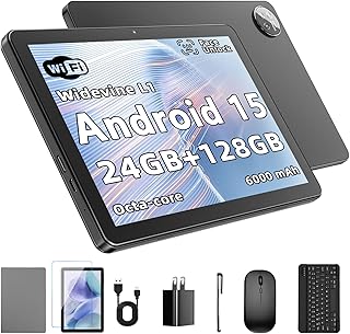 Tablet Android de 15 polegadas: 24 GB de RAM + 128 GB de ROM (até 1 TB), processador Octa-Core, ecrã IPS HD 1280 x 800, câmaras de 5 MP + 8 MP, bateria de 6000 mAh, teclado, rato, Widevine