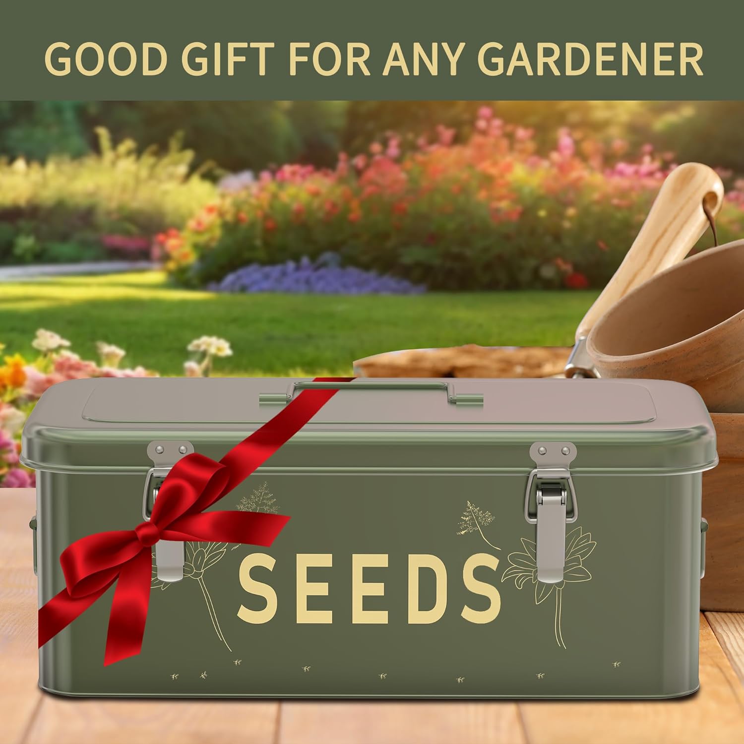 Orionstar Seed Storage Organizer, Metal Seed Saving Box with Lid, Seed Bin with 30 Plant Labels 30 Seed Envelopes 1 Marker Pens, 4 Compartments Box with Safety Locks, Blackish Green - Image 7