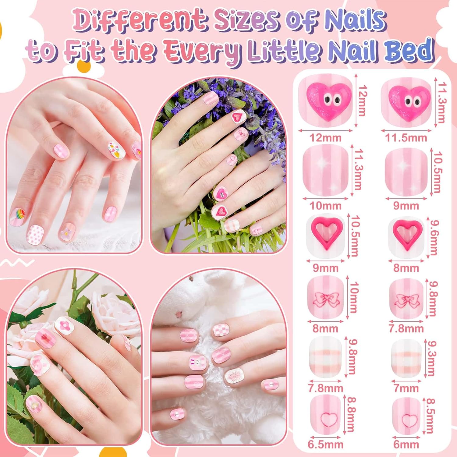 Mini Press on Nails Short, Thrilez Fake Short Nails Stick ons Cute 3D Acrylic Nail Set for Gifts