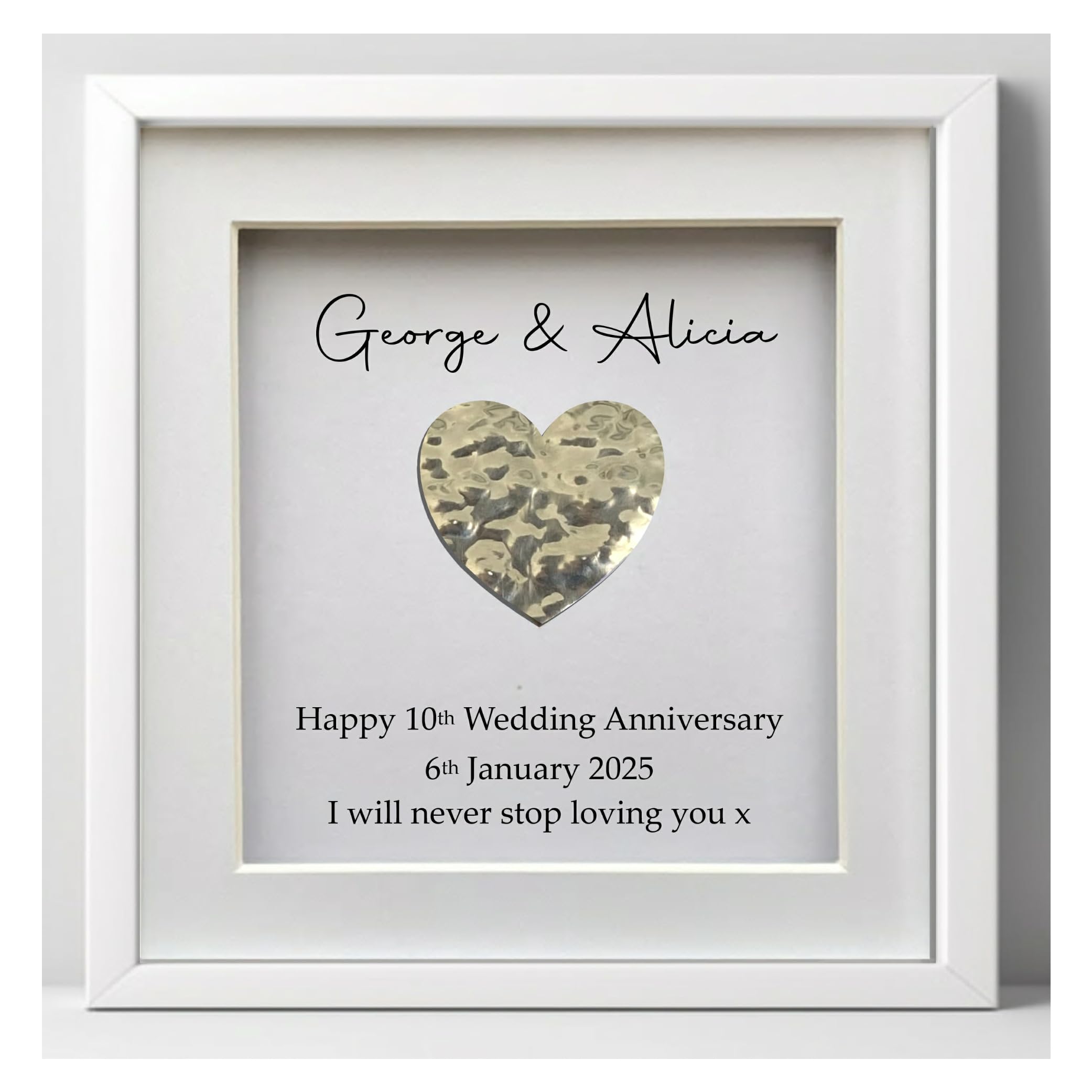 Personalised 10th Anniversary present for couples, Tin heart picture frame, for husband or wife, for him or her