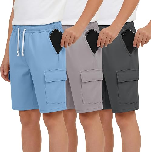 YooAurvox 3 Pack Boys Cotton Cargo Shorts, 3-Color, 9-10 Yea