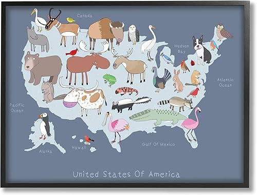 Stupell Industries Mapa de Estados Unidos con ilustraciones de animales juguetones, diseñado por Carla Daly - Arte de pared enmarcado en negro, 16 x