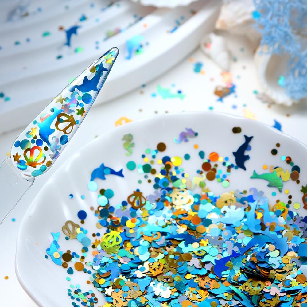 Blue Ocean Nail Art Glitter Cute Dolphin Mermaids 3D Sparkling Nail Glitters Ocean Mermaid Starfish Whale Crown Shape Holographic Nail Sequins Summer Theme Nail Art Confetti Flake for Women Nail Decor