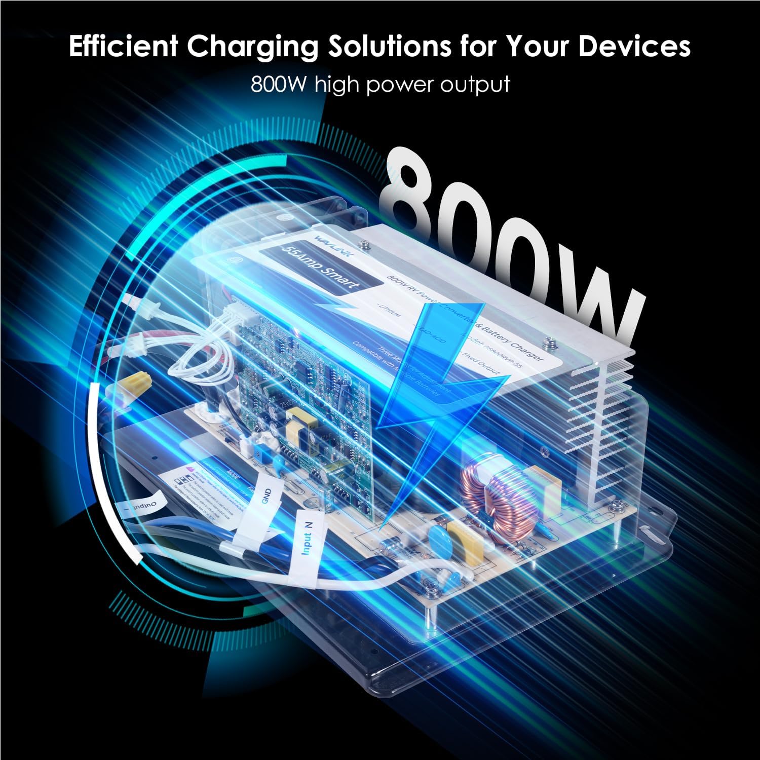 WAVLINK 55Amp RV Power Converter, 120V AC to 12V DC Battery Charger with 3 Smart Charging Modes, 13V-16.5V Adjustable Operating Range, Multi-Stage Charging Assembly （Indicator Light）