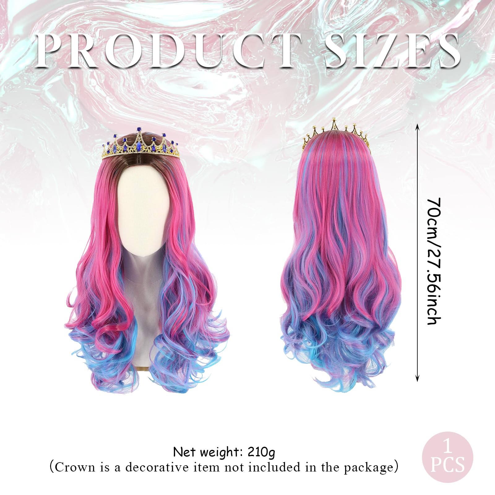 Lila Ombre Rosa Perücke 70cm für Kinder und Frauen - Lang Gewellt Gelockt mit Mittelscheitel für Cosplay Anime Kostüm Karneval Maskerade