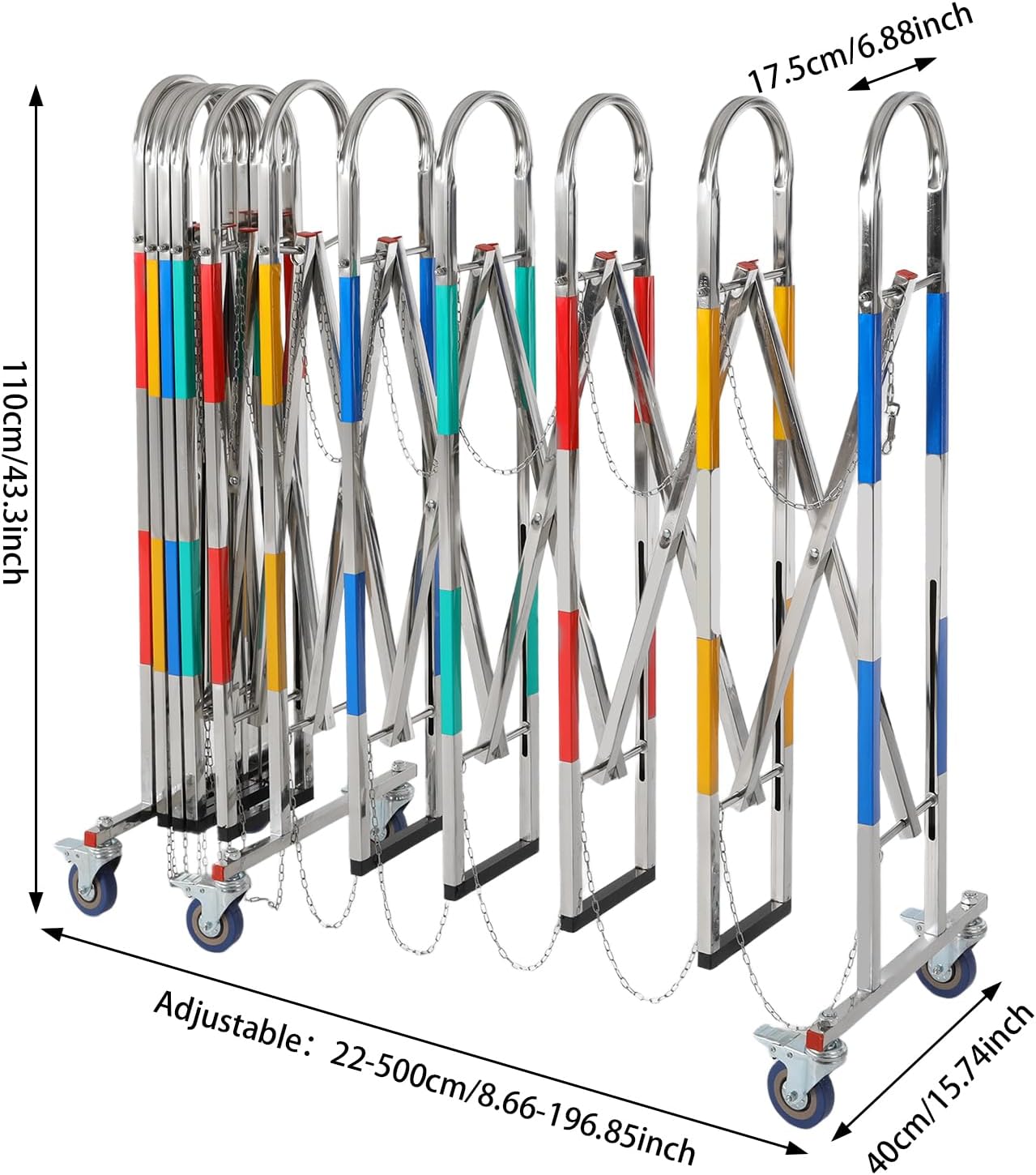 Portable Barrier | Industrial Expandable Metal Barricade Gate | Safety Barrier with Casters | 8.66-196.85in Expandable Mobile Barricade | Double-Row Arch | Chain and Hook (Colorful)