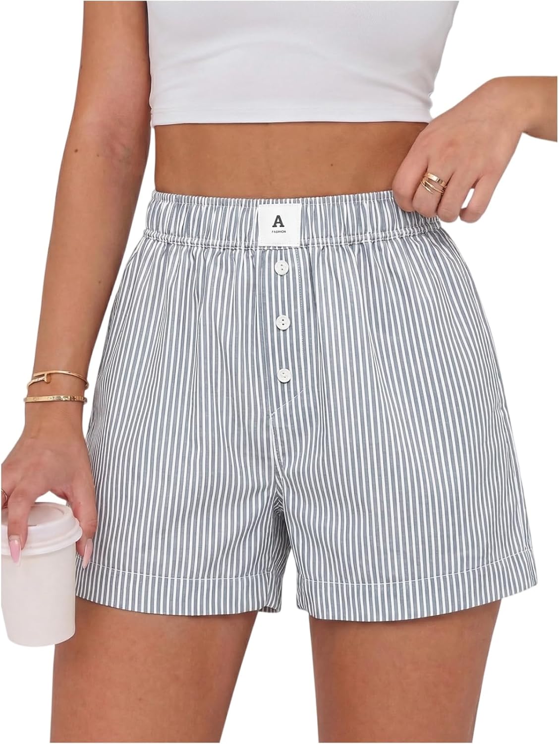 DuDubaby Women's Shorts Women's Casual Striped High Waist Button Fly Elastic Waistband with Pockets Summer Sports Shorts for Women (1-Gray,Large)