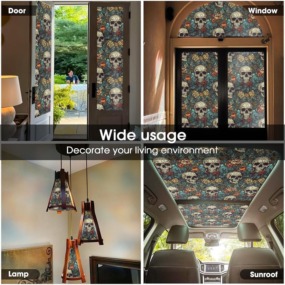 16“x118 Gothic Skull Halloween Double Side Window Films Art Decorative Window Privacy Tinting Film Self-Adhesive Static Glass Window Clings Stickers for Living Room Bathroom Glass Windows Decor