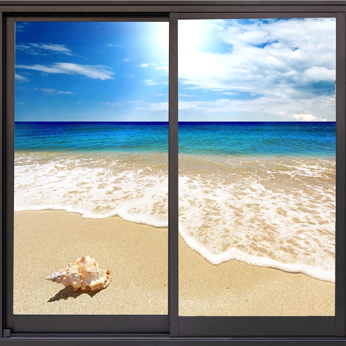 Ocean Stained Glass Window Film, Beach Sand Waves Sealife