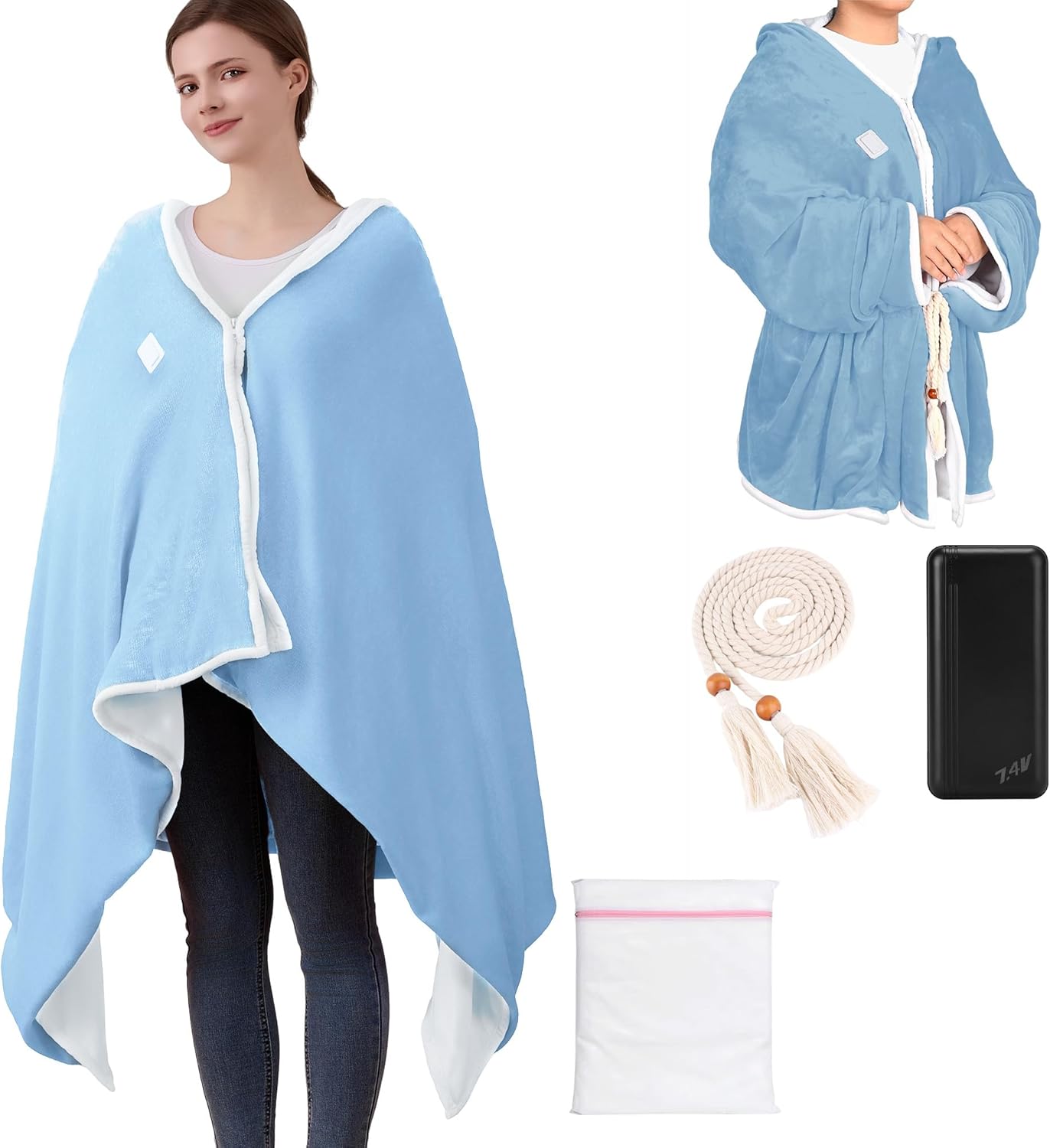 Portable Heated Blanket with 20000mAh 7.4V Power Bank, Large Size 71" × 43", 3 Heat Settings, 11 Quick Heating Zones, 1–6 Hour Timer, Includes Laundry Bag, Waist Belt, and Outdoor Backpack(Blue