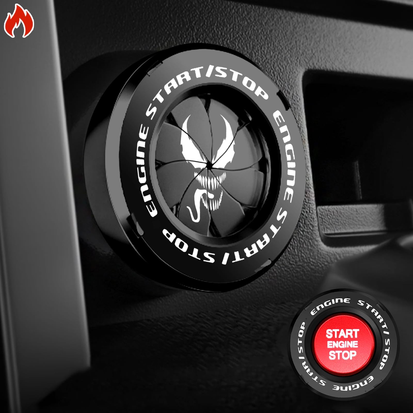 Tybasthe Push Start Button Cover, Venom Car Engine Start Stop Button Cover Protector, Cool Car Accessories Interior Decor Sticker Decals Motorcycle Key Ignition Switch Cover, Black