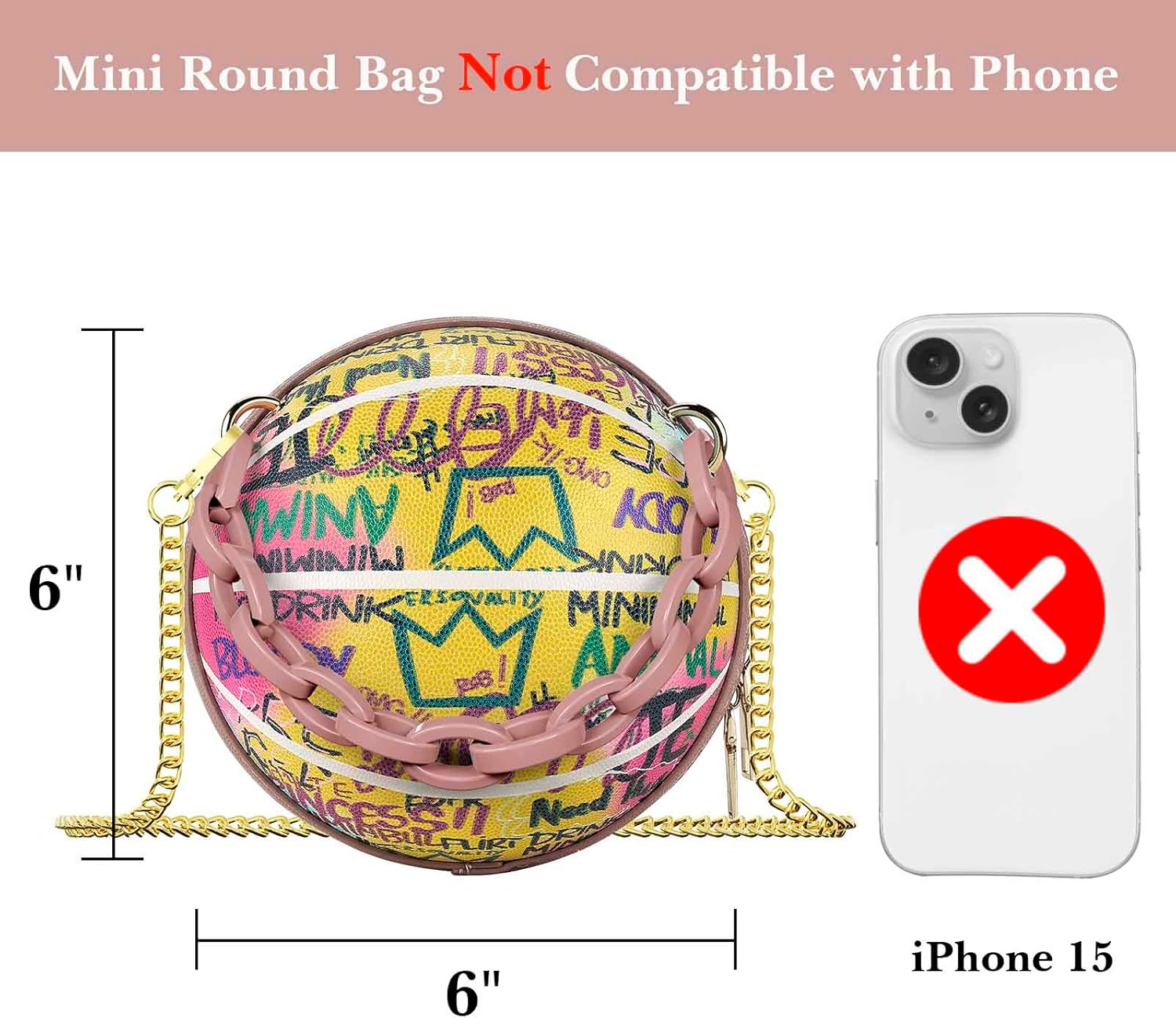 Linkidea Mini Basketball Shaped Purses for Women, Graffiti Letter Girls Small Cute Round Bag, Fashion Vegan Leather Shoulder Crossbody Messenger Handbag (Pink)