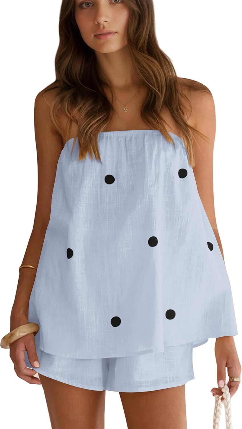 calbatic Polka Dot 2 Piece Shorts Set Summer Lounge Sets Strapless Top and Shorts Matching Airport Travel Vacation Outfits