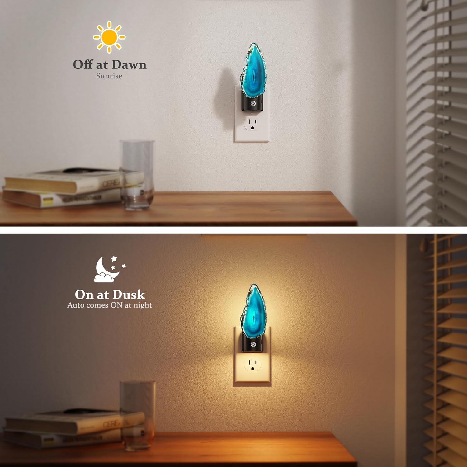 JandCase Night Lights Plug into Wall, Agate Night Light, 2 Pack Dimmable Night Light Aesthetic Crystal, Dusk to Dawn Sensor, Healing Stone Agate Decorative Nightlight for Home Living Room
