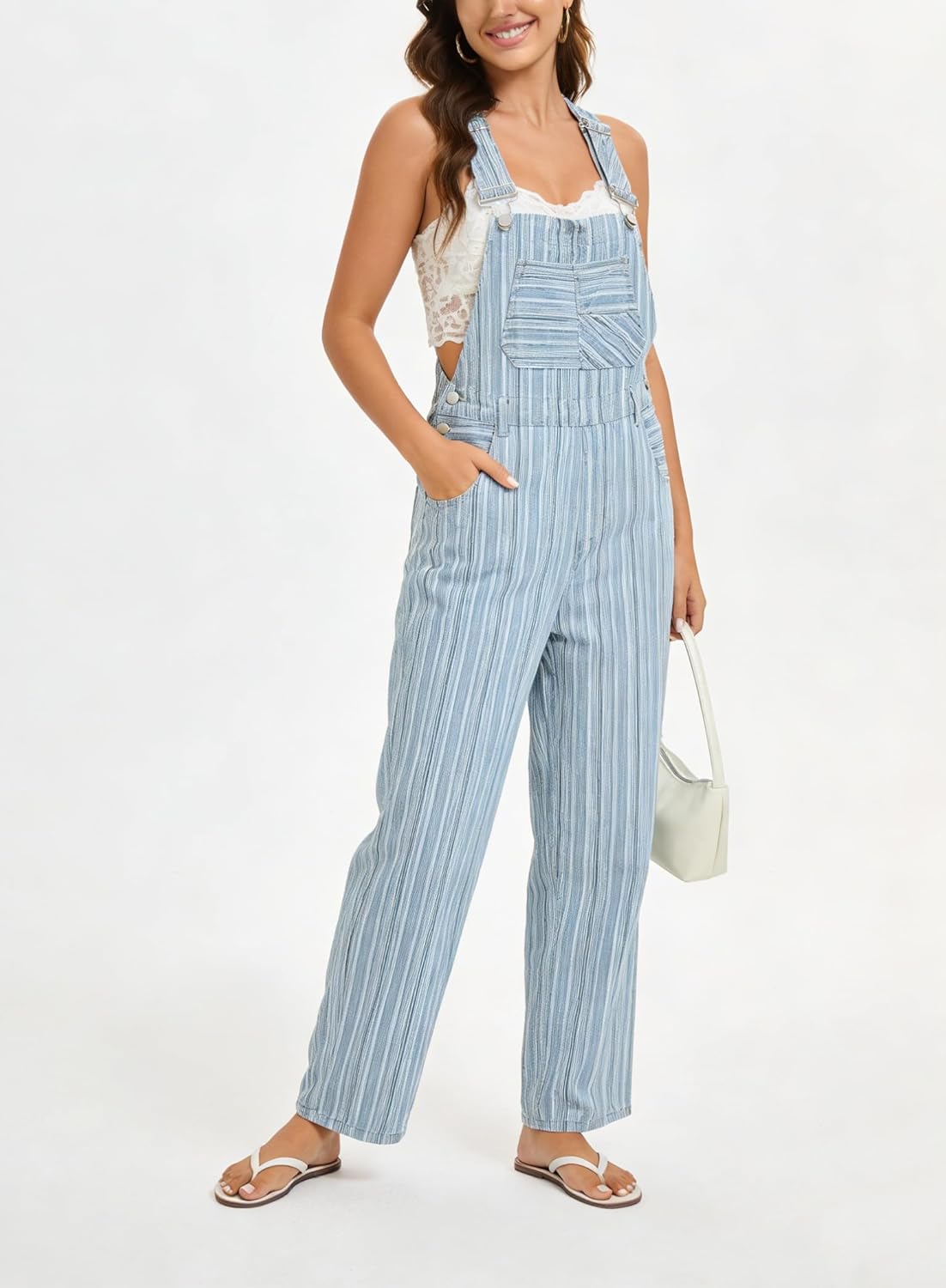 Ladyful Striped Denim Bib Overalls for Womens Loose Fit Wide Leg Denim Jumpsuit Pant Baggy Work Jean Romper