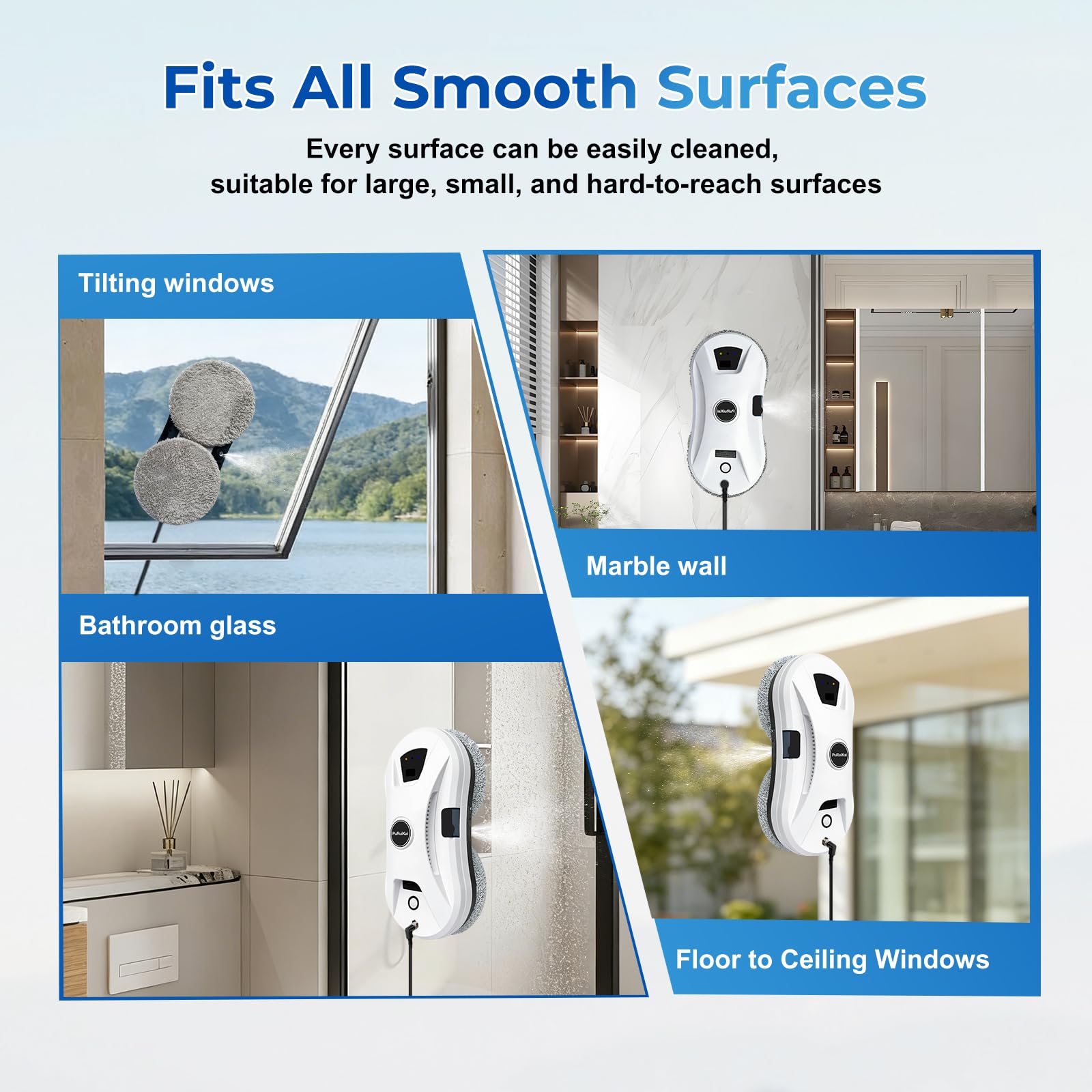 Robot Lave-vitres Automatique, Aspiration 5600Pa, Blanc | Pulvérisation d'eau, 3 modes de nettoyage, télécommande. Idéal pour fenêtres, miroirs et surfaces lisses. Rapide et efficace.