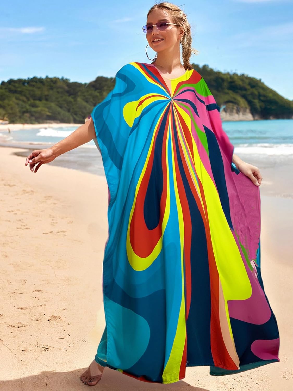 RanRui Floral Print Kaftan Dresses for Women Ethnic Boho Print swim cover up Batwing Sleeve Vneck Caftans - Image 5