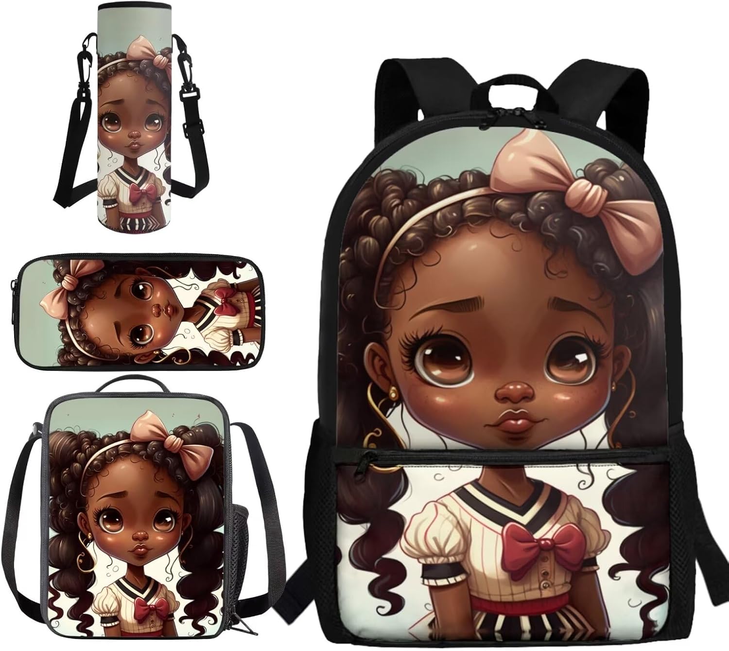 African Girl Kids Backpack Set with Water Bottle Holder Lightweight Preschool Backpack for Girls Water Resistance Elementary Student Bookbag for Kindergarten or Daycare