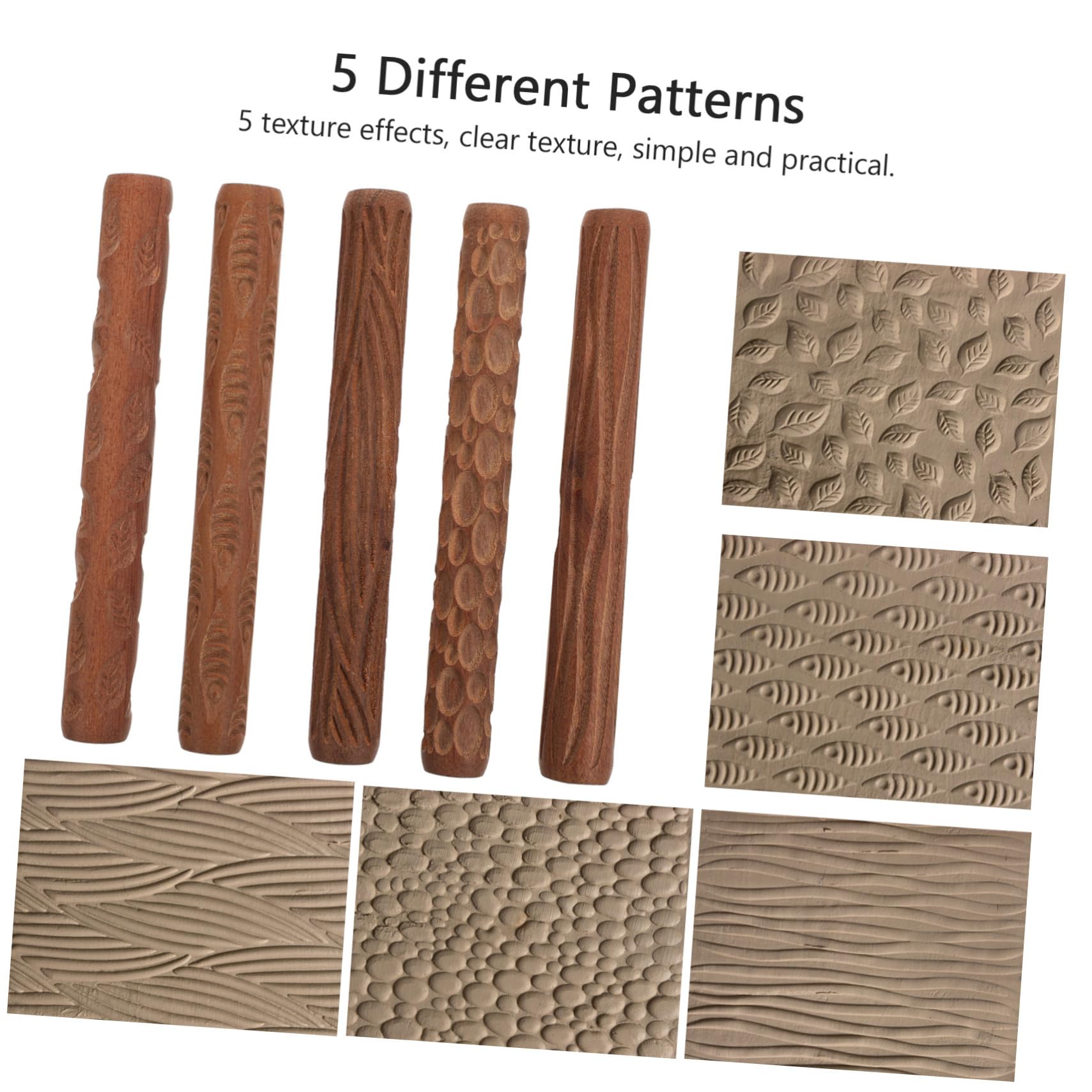 Kit 5 Rulli per Modellare Argilla in Legno Motivi Stampati, Utensili Artigianali per Ceramica Fai da Te, Impugnatura Comoda e Riutilizzabile, per Lavorazione Argilla e Creazioni Artistiche