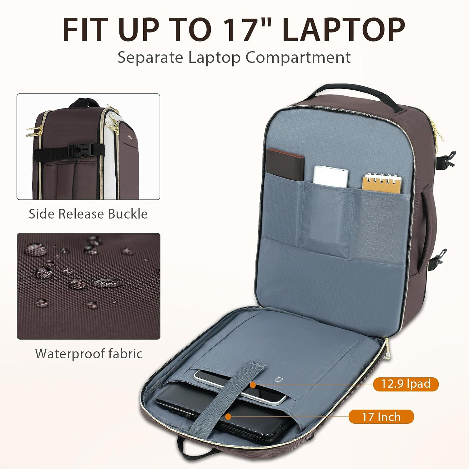 KROSER Laptop Backpack Computer Backpack 17 Inch Men-Beige/Coffee/Black image 3