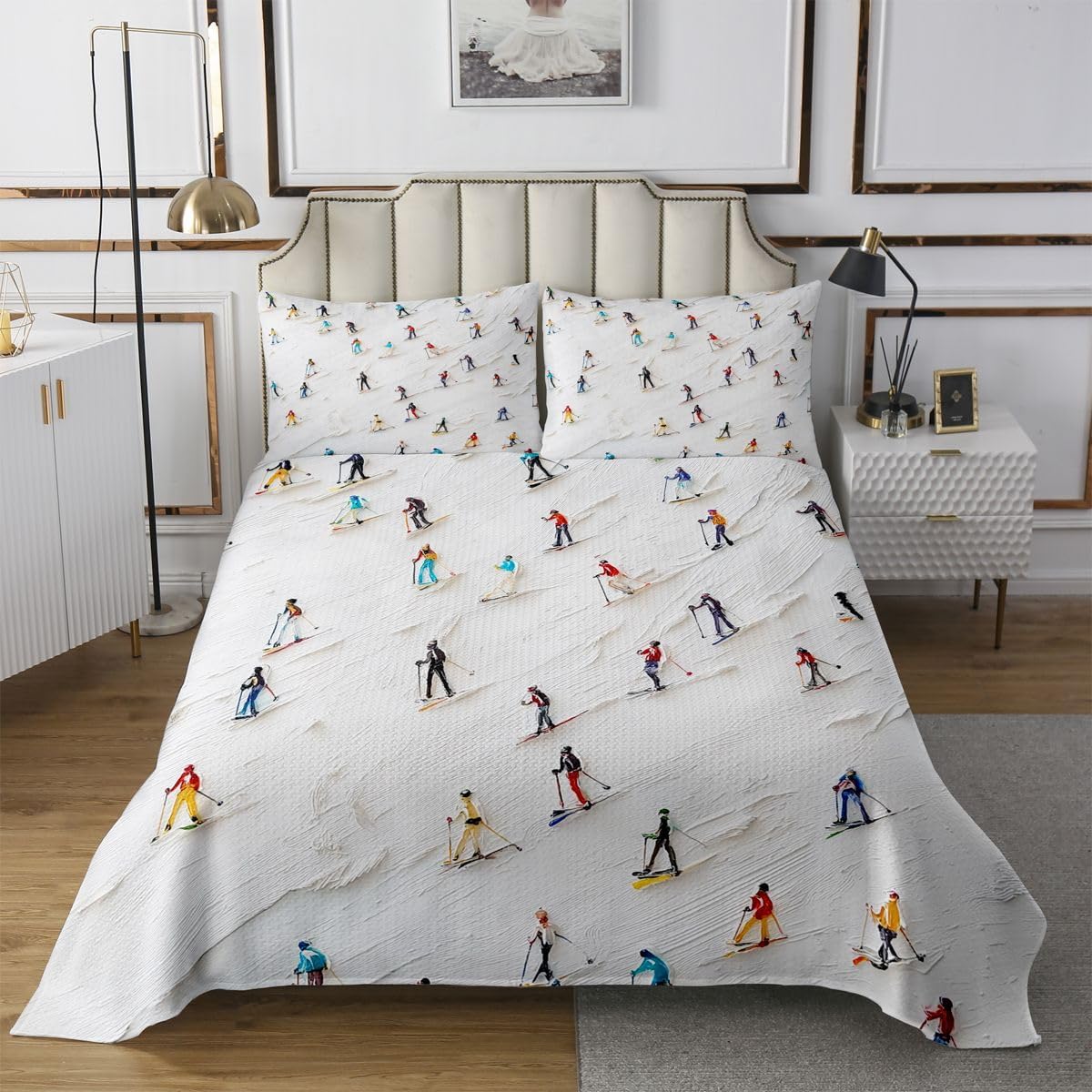 Manfei Ski Sports Bedspread,Winter Extreme Games Quilt Set for Kids Teens,Skiing Sports Style Bedding Set,White Blue 2 Pcs Coverlet Set with 1 Pillow Sham,Twin Size