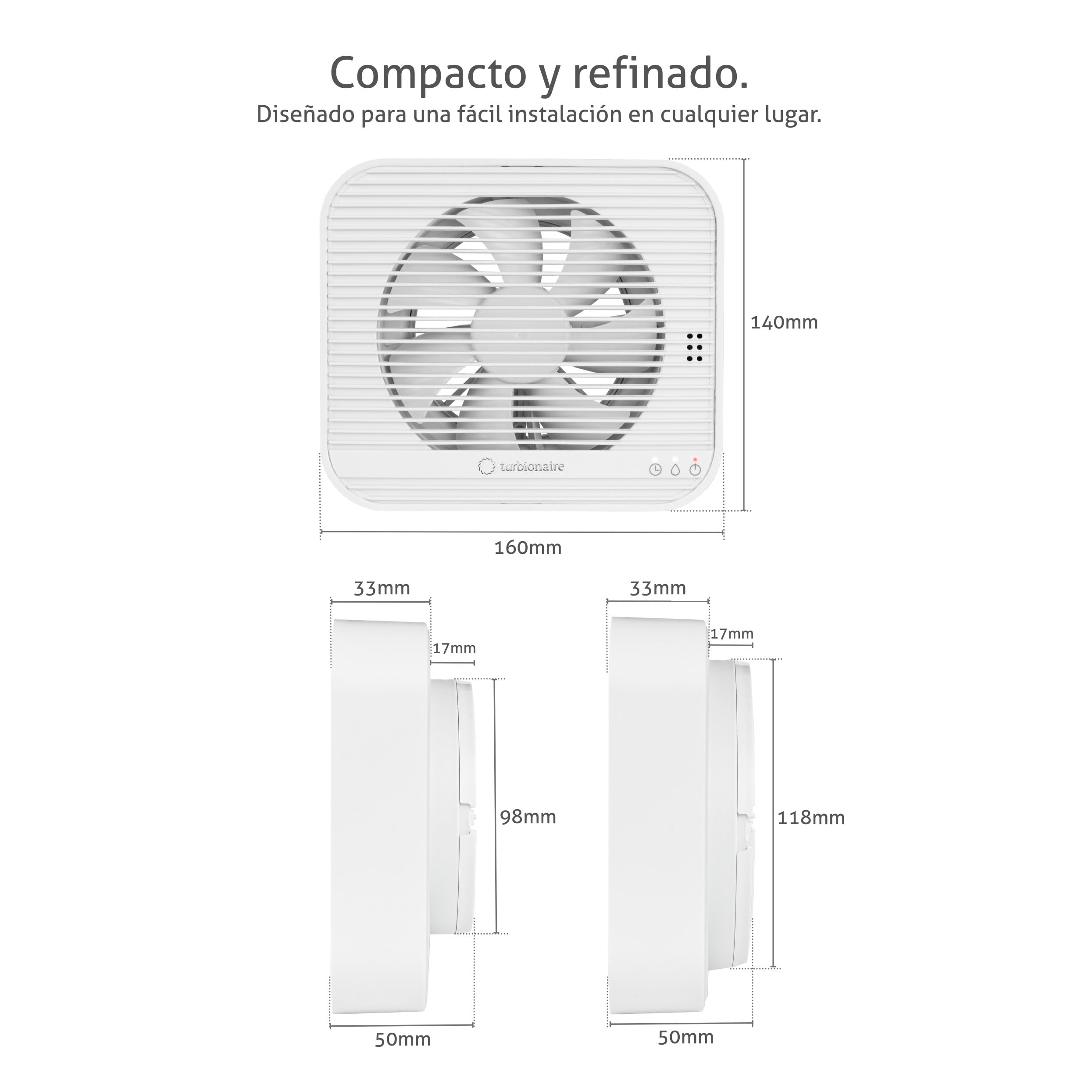 Turbionaire Axio 1012 HTR Extractor de baño, Sensor de humedad, 8 velocidades, Temporizador, Mando a distancia, Conexiones y válvula antirretorno de 100 mm/120 mm incluidas, 9.2W, 161 m³/h, Blanco