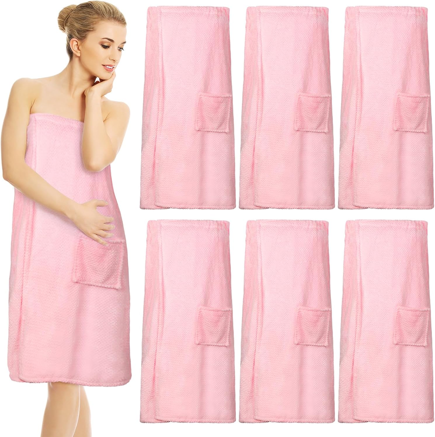Tigeen 6 Pcs Bath Wraps for Women Waffle Spa Robe Adjustable Closure Elastic Top Lightweight Towel Dress (Pink)