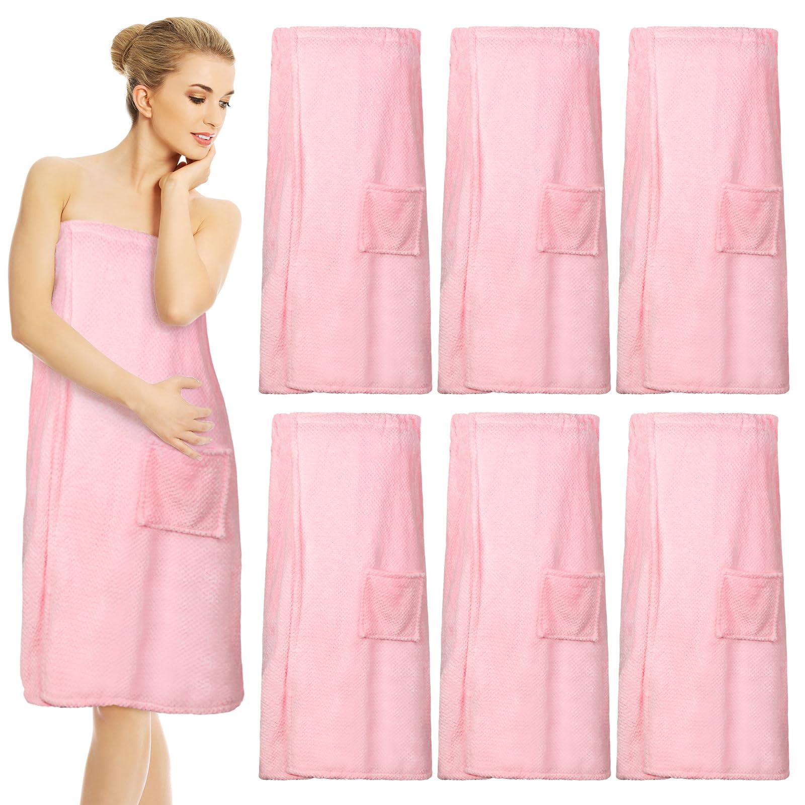 Tigeen 6 Pcs Bath Wraps for Women Waffle Spa Robe Adjustable Closure Elastic Top Lightweight Towel Dress (Pink)