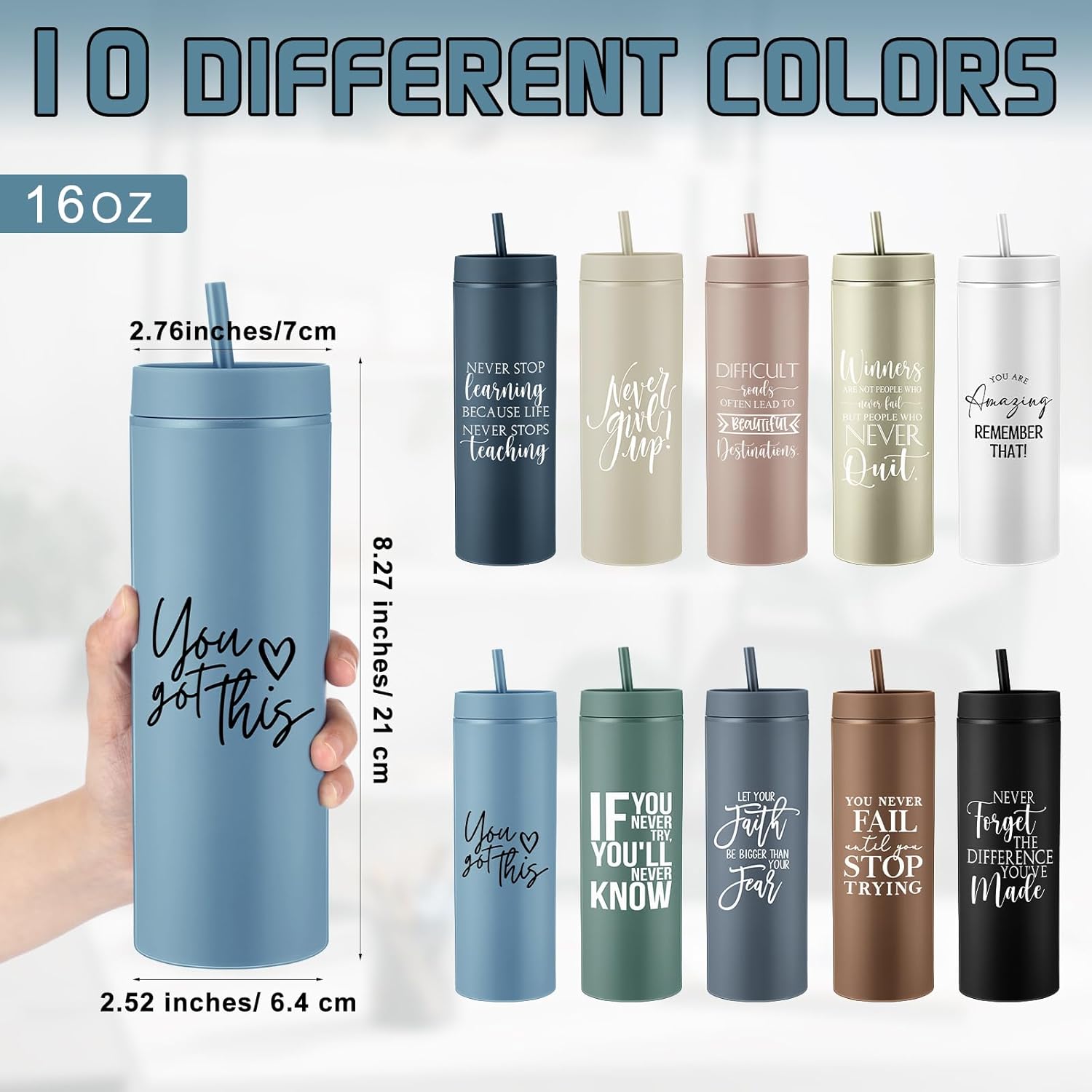 Tioncy 10 Pcs Employee Appreciation Gift Bulk Thank You Skinny Tumbler 16oz Matte Inspirational Water Cup with Lid Straw for Office Staff Team Coworker Teacher Nurse Volunteer(Neutral) - Image 3