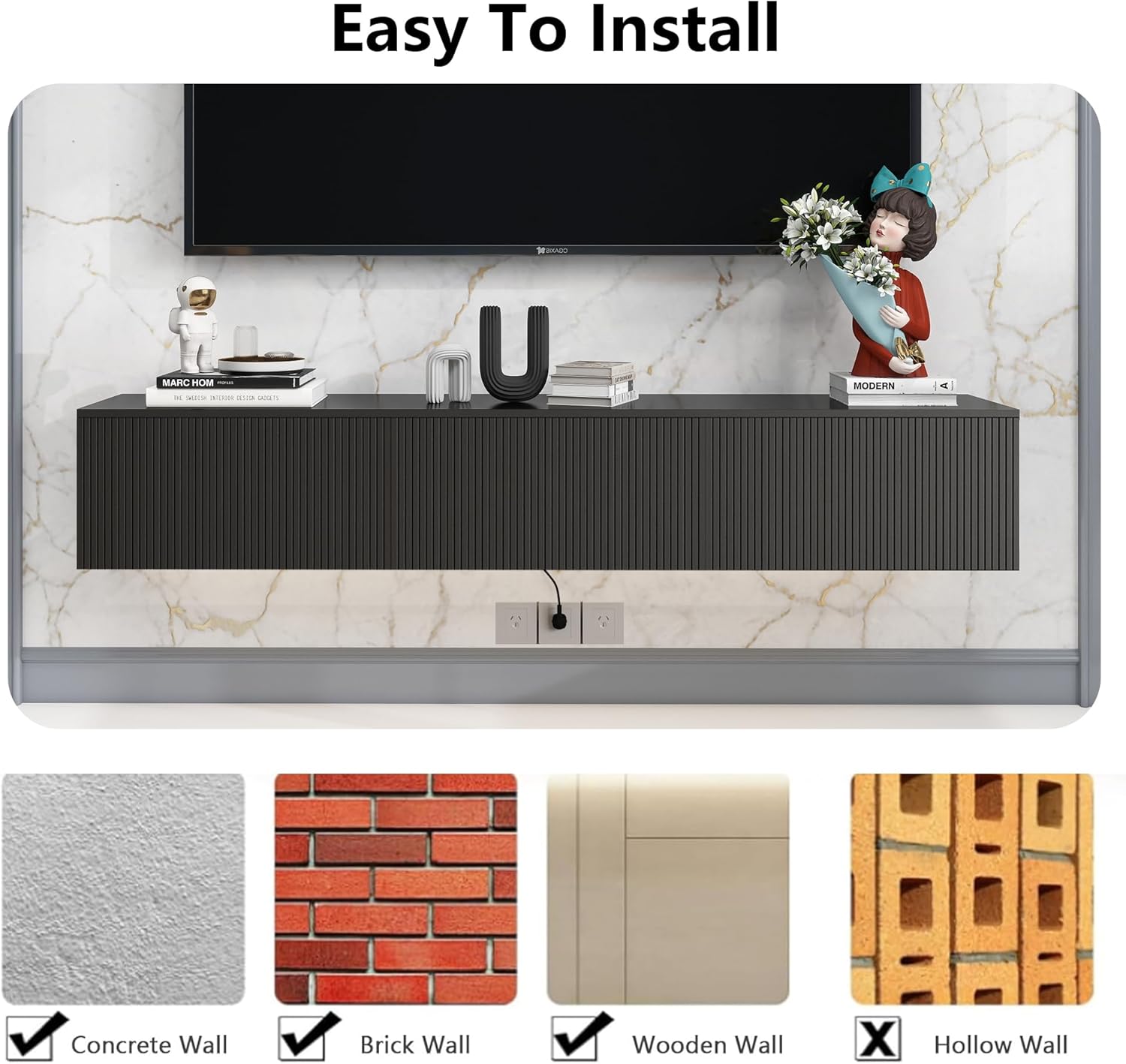 Black Floating TV Stand Wall Mounted,Floating Entertainment Center with Fluted Doors,Mesa Flotante para TV 69 inch,Media Console Table for Living Room,Bedroom