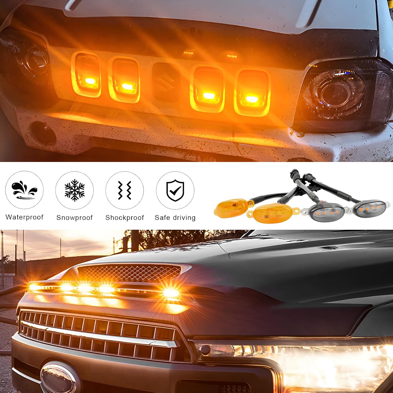 5PCS Car Front Grille Light, Bright Amber Lens LED Grill Trim Lamp with Wiring Harness, Waterproof Front Grill Light Compatible with F350 F250 F150 Raptor Ram-1500 (Black & Yellow)