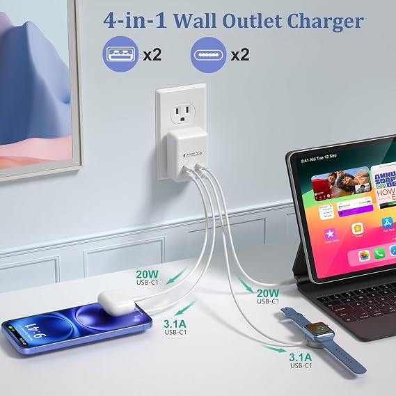 Flat USB C Wall Charger 2 Pack, Costyle 40W Fast Charging Block 4-Ports QC+PD 3.0 Wall Plug Adapter Multiport Type C Charger Cube Compatible for iPhone 16 15 14 13 12 11 Pro Max,Tablets,Pixel(White)