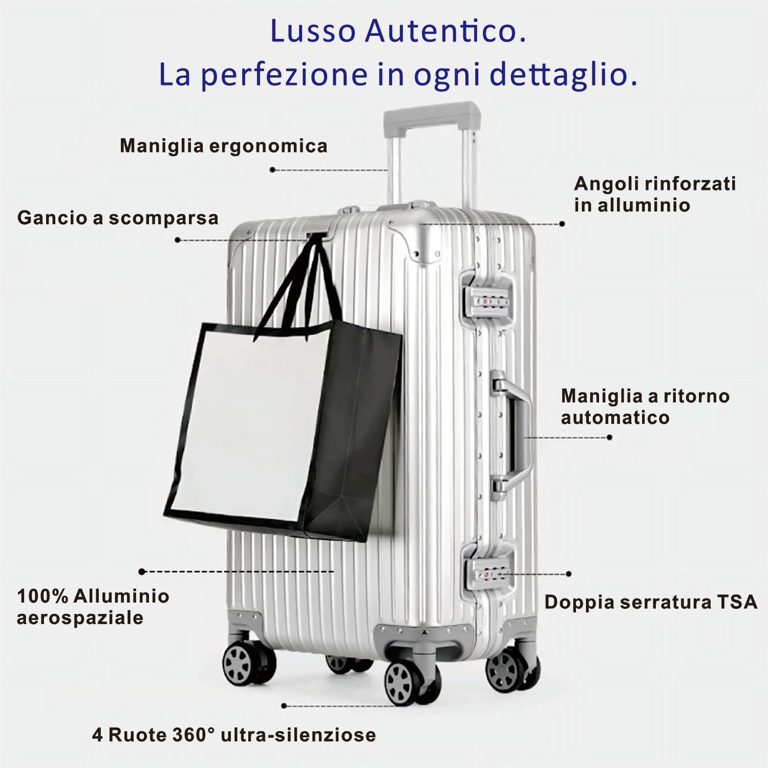 Aoliwei Valigia da Stiva 24" 100% Alluminio, Argento, Senza Zip, TSA