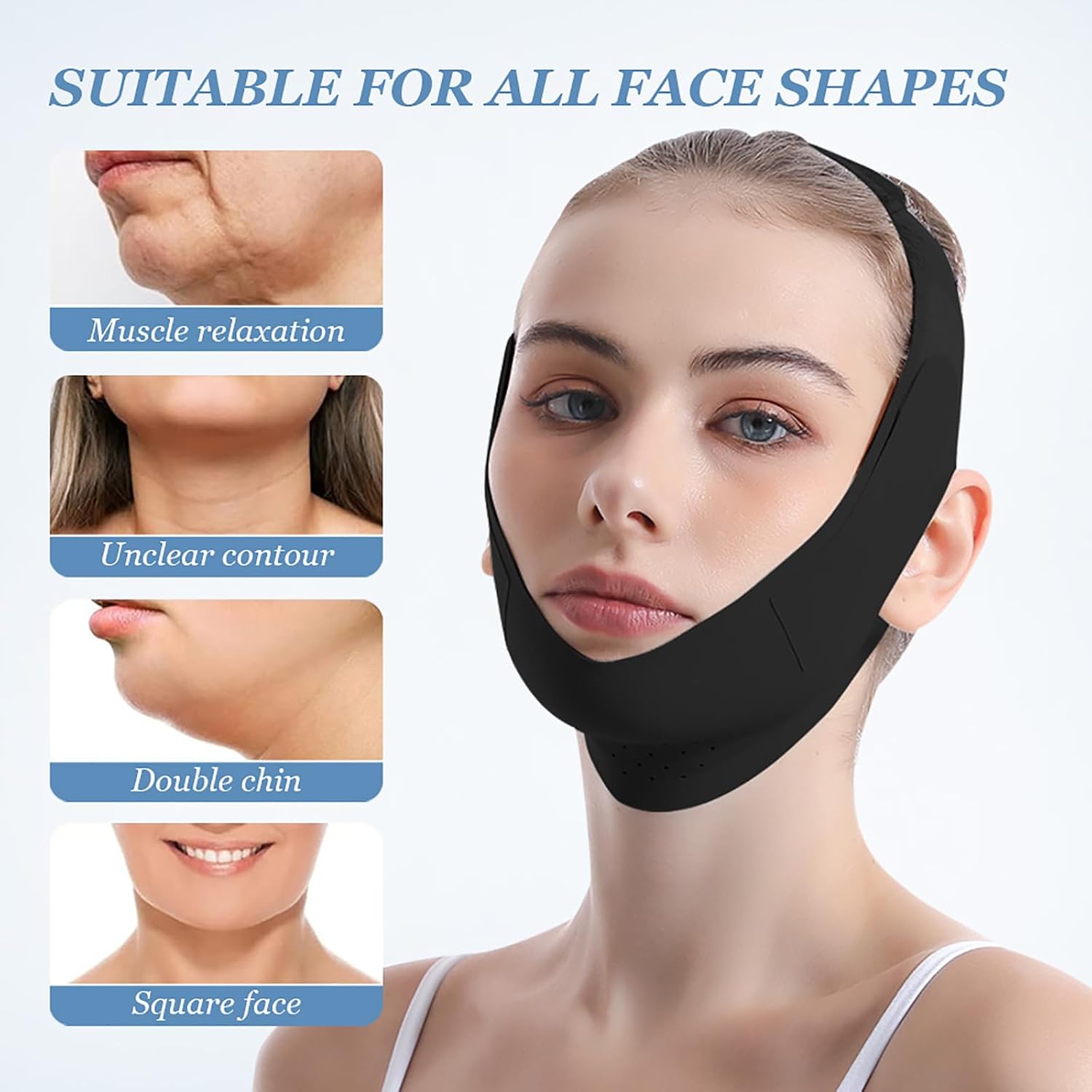 Reusable Facial Lifting Belt, V Line Lifting Mask with Chin Strap for Sleeping, Jaw Exerciser V-Shaped Double Chin Reduce (Deep Black)