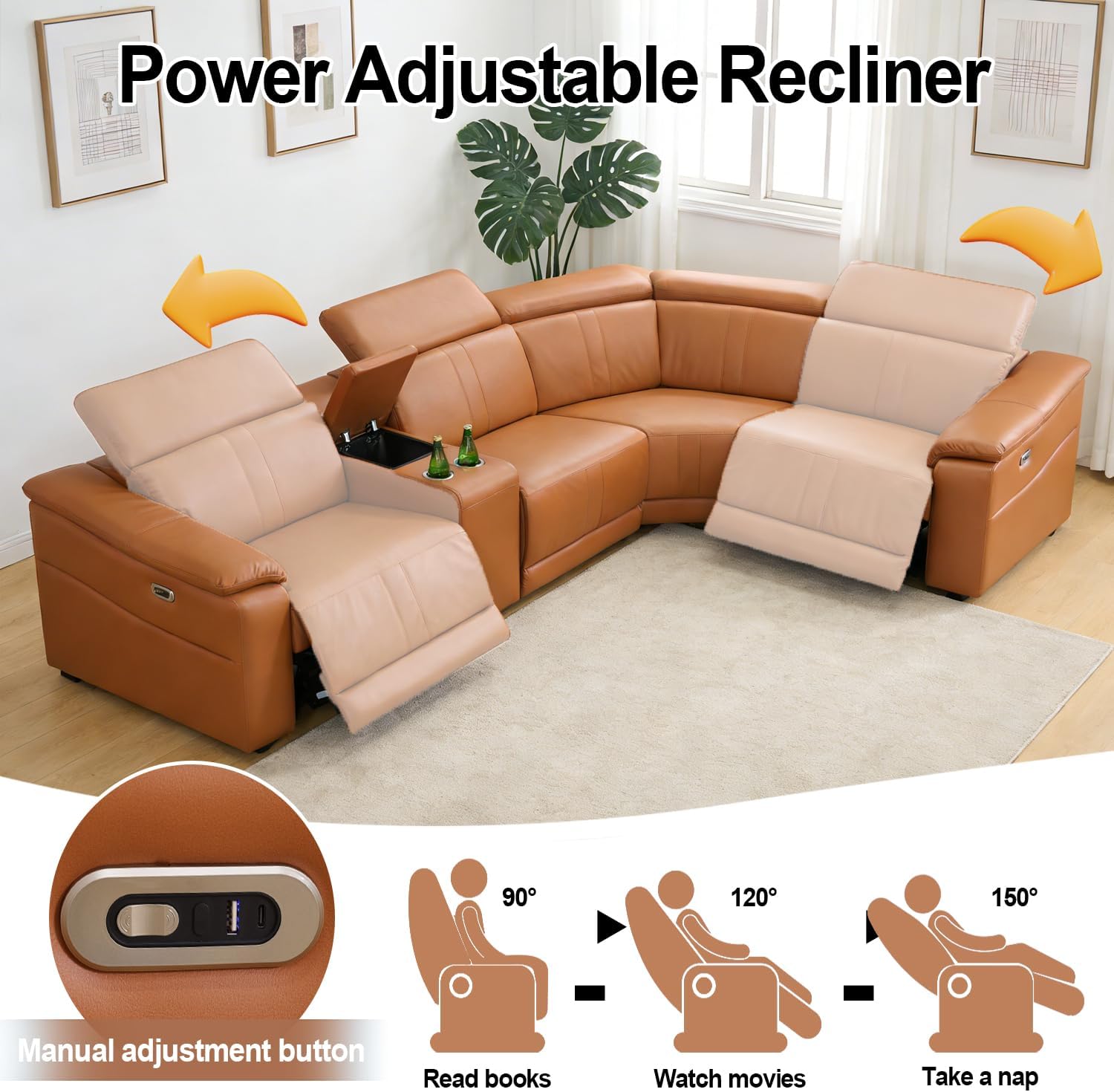 Power Recliner Sofa Set, 5 Seat Breathing Leather Reclining Corner Couch, Living Room Furniture Set with 2 Recliner Seats/Cup Holders/Hidden Storage for Living Room/Home Theater(Orange)