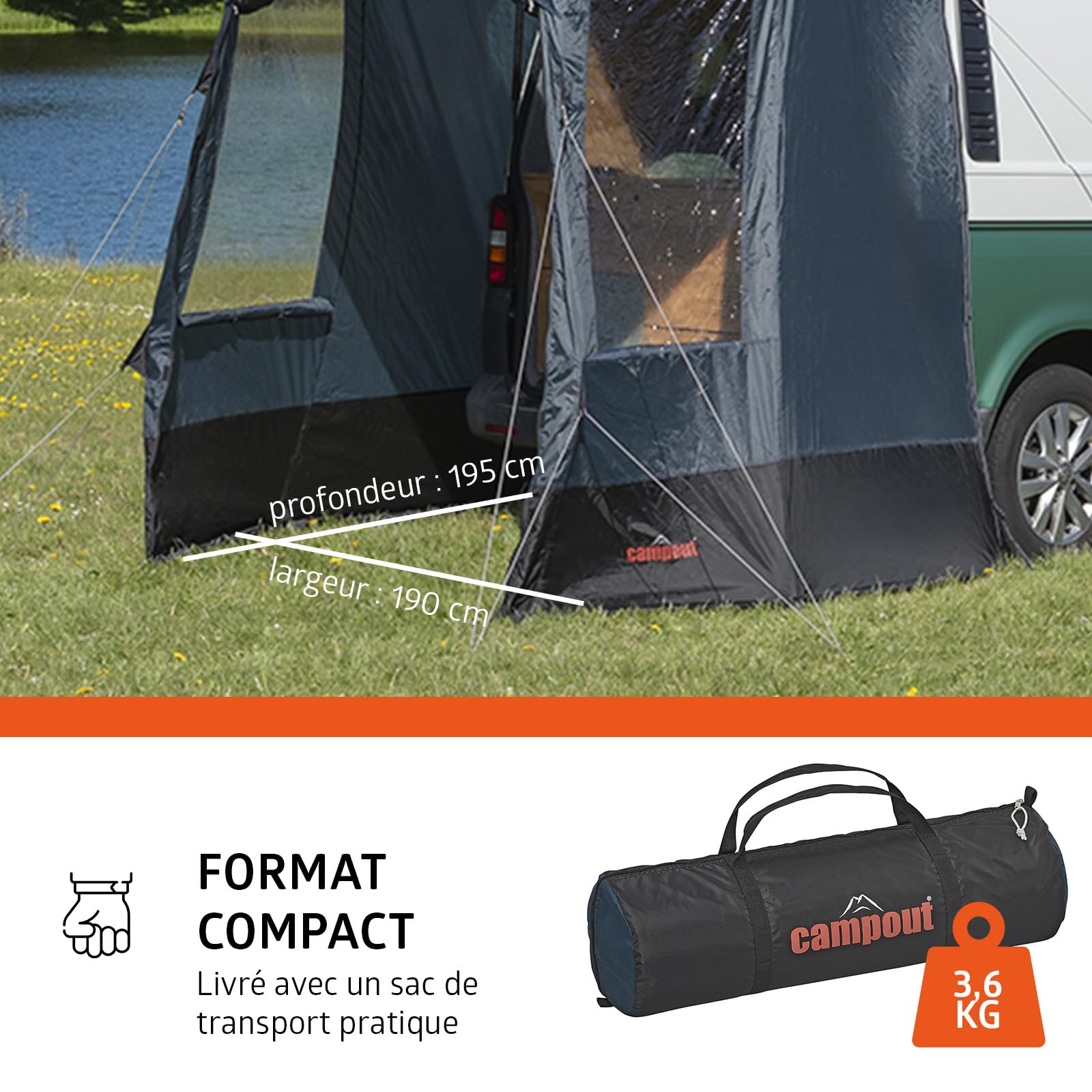 Campout Tente Hayon Van – Tente Coffre VW T5/T6/T6.1 & Mercedes Vito/V-Class – 3000 mm Étanche – Espace Abrité Supplémentaire – INCL. Poteaux d’Auvent – Hauteur 185–200 cm
