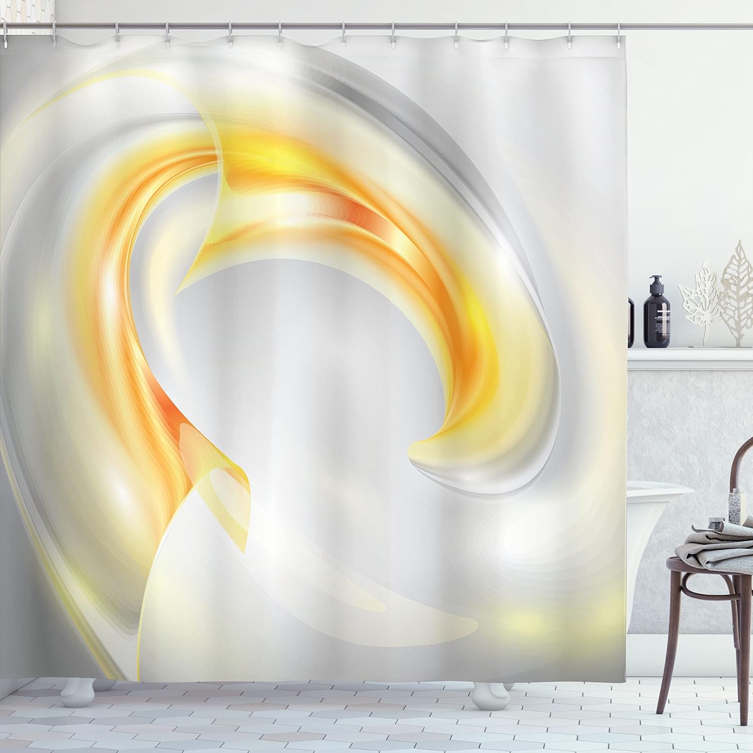 Ambesonne Grey and Yellow Shower Curtain, Abstract Modern Futuristic Wavy Image Ombre Design Art Print, Cloth Fabric Bathroom Decor Set with Hooks, 69" W x 75" L, Black Marigold and Grey